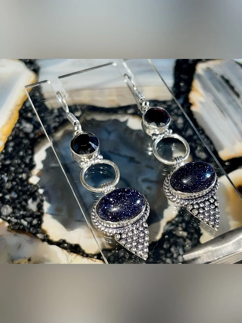 Deep Sparkly Bluestone Sandstone Earrings 2 1/2”
